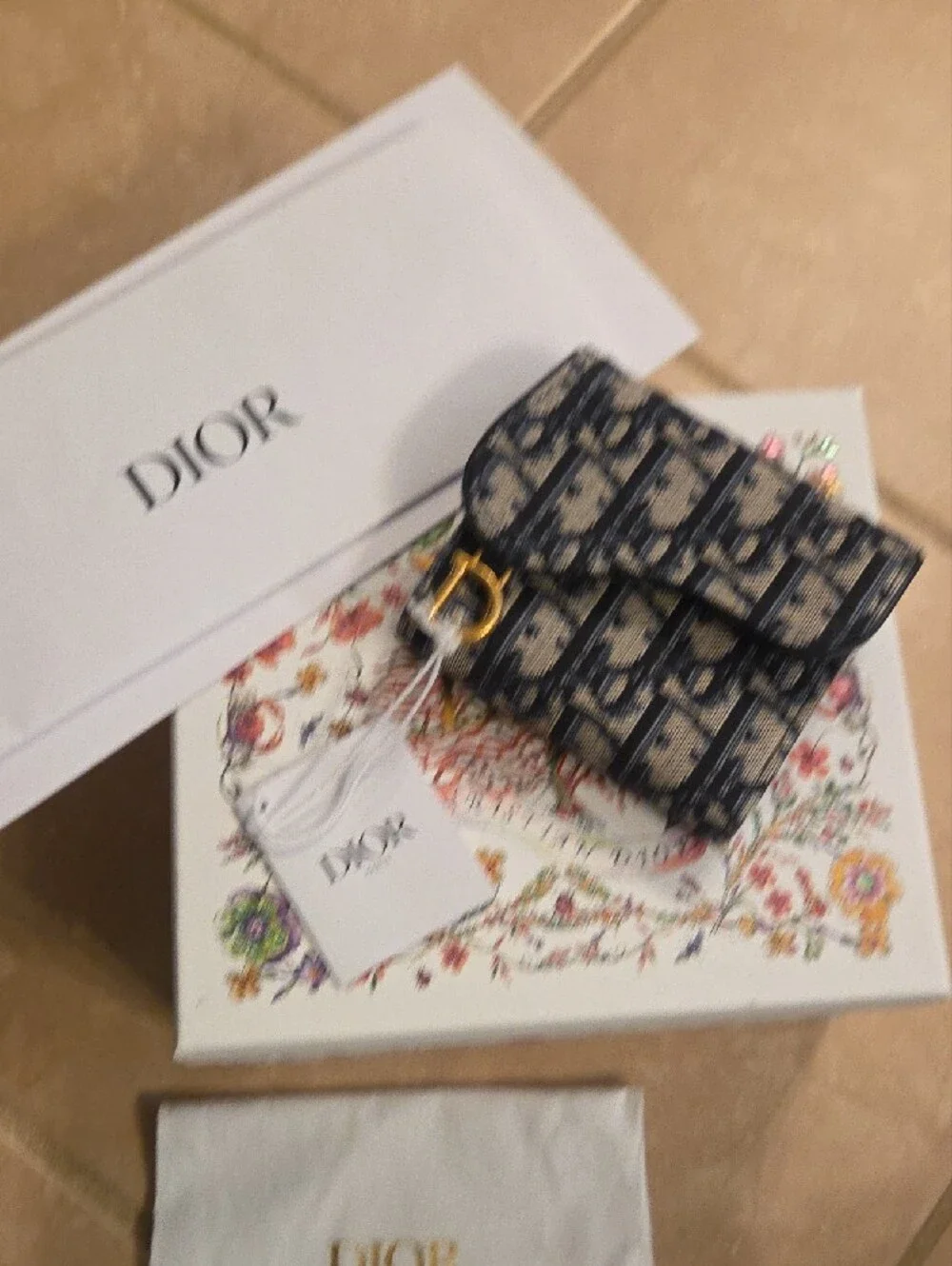 Authentic Christian Dior Saddle Lotus Wallet in the iconic Navy & Beige Oblique